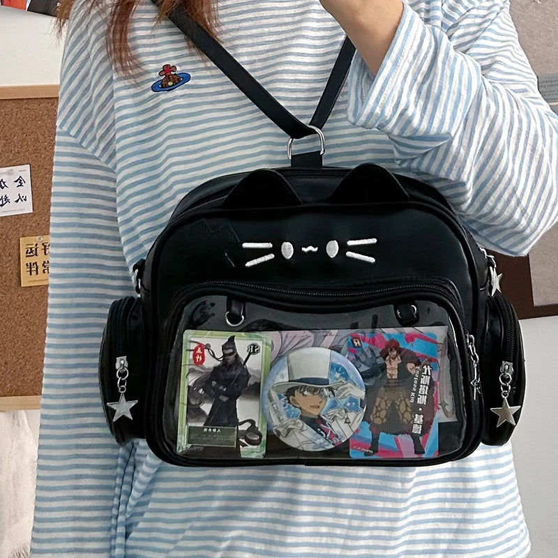 Cute Cat PU Crossbody Bag — Adjustable Strap Shoulder Purse with Clear Pocket for Women & Girls