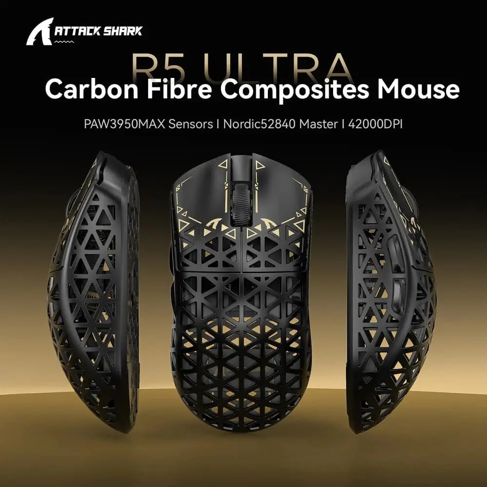 MambaSnake X Attack Shark R5 Ultra Wireless Gaming Mouse – 39g Superlight Carbon Fiber with Hollowed-Out Design
