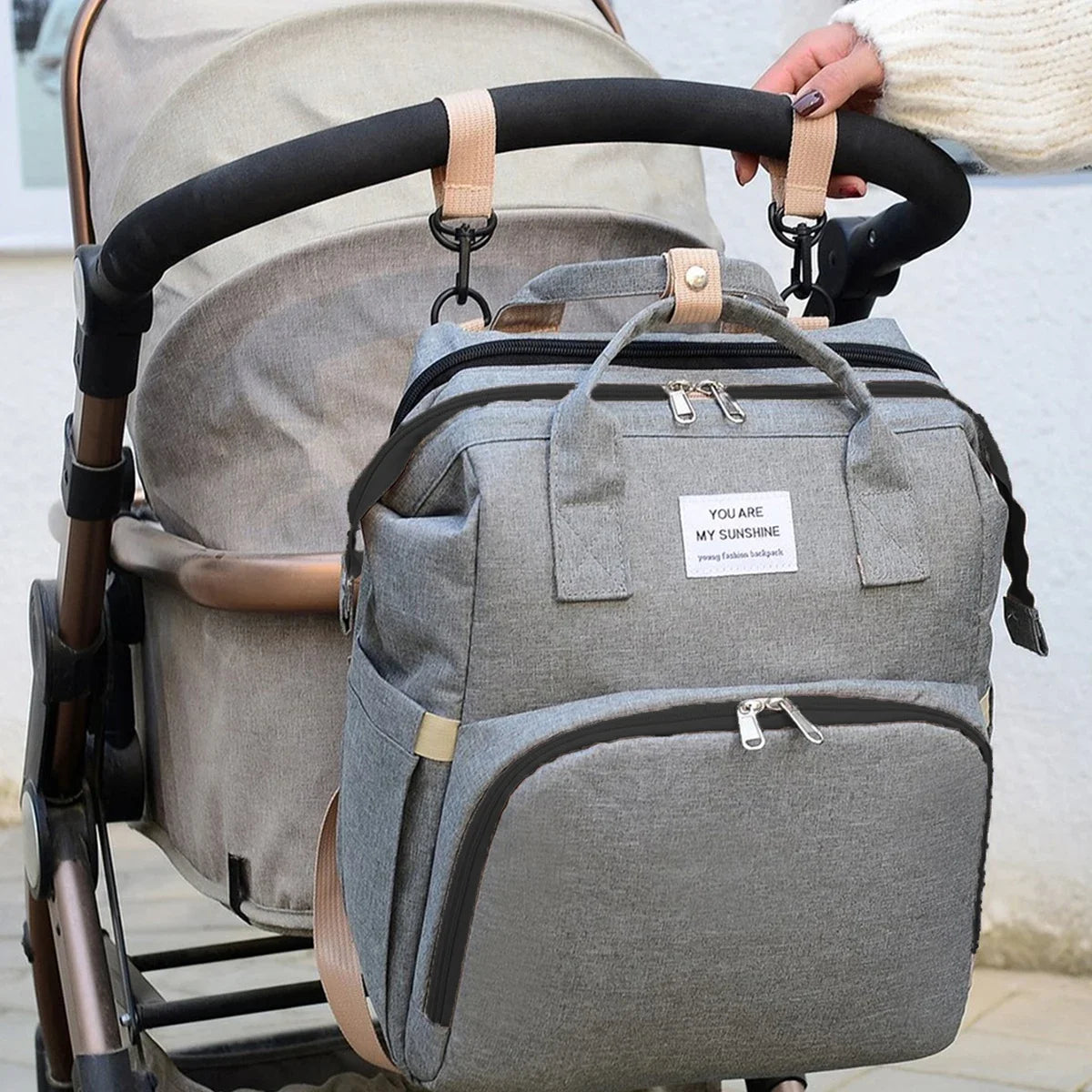 Foldable Bed Diaper Bag with Changing Station, Insulated Pocket & Large-Capacity Double-Shoulder Mommy Bag