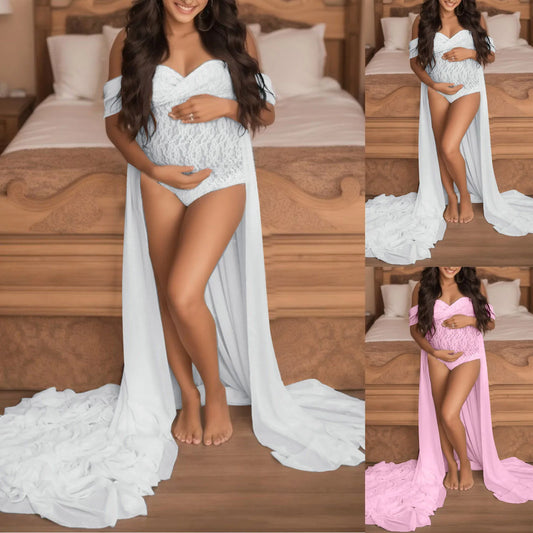 Women’s Off-Shoulder Lace Maternity Dress – Short Sleeve Long Pregnancy Gown for Summer Photography & Baby Showers