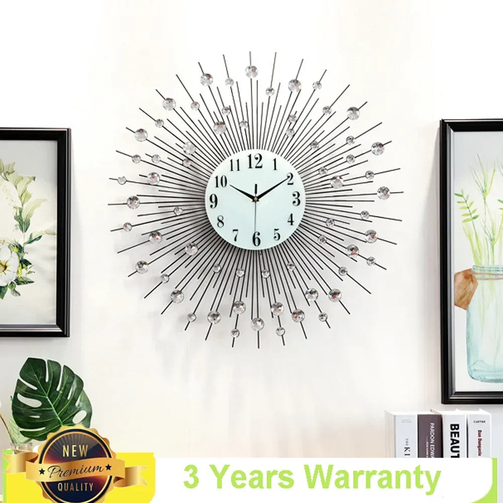 3D Large Metal Sunburst Wall Clock – Luxury Diamond Round Wall Art (60x60cm) | Modern Battery-Operated Home Décor Clock