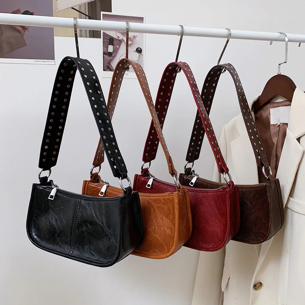 Studded Decor Under-Arm Satchel Bag – Adjustable Strap PU Leather Daily Shoulder Bag for Women