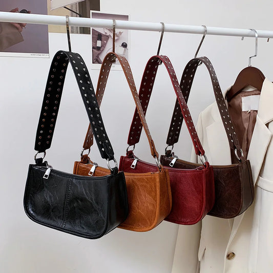 Studded Decor Under-Arm Satchel Bag – Adjustable Strap PU Leather Daily Shoulder Bag for Women