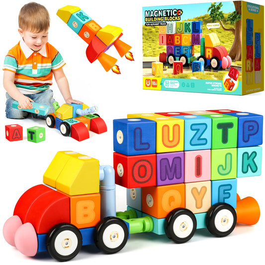 52PCS Foam Magnetic Alphabet Truck Set – Soft Magnetic Building Blocks, Educational Learning Toy for Toddlers Ages 1–3, Boys & Girls
