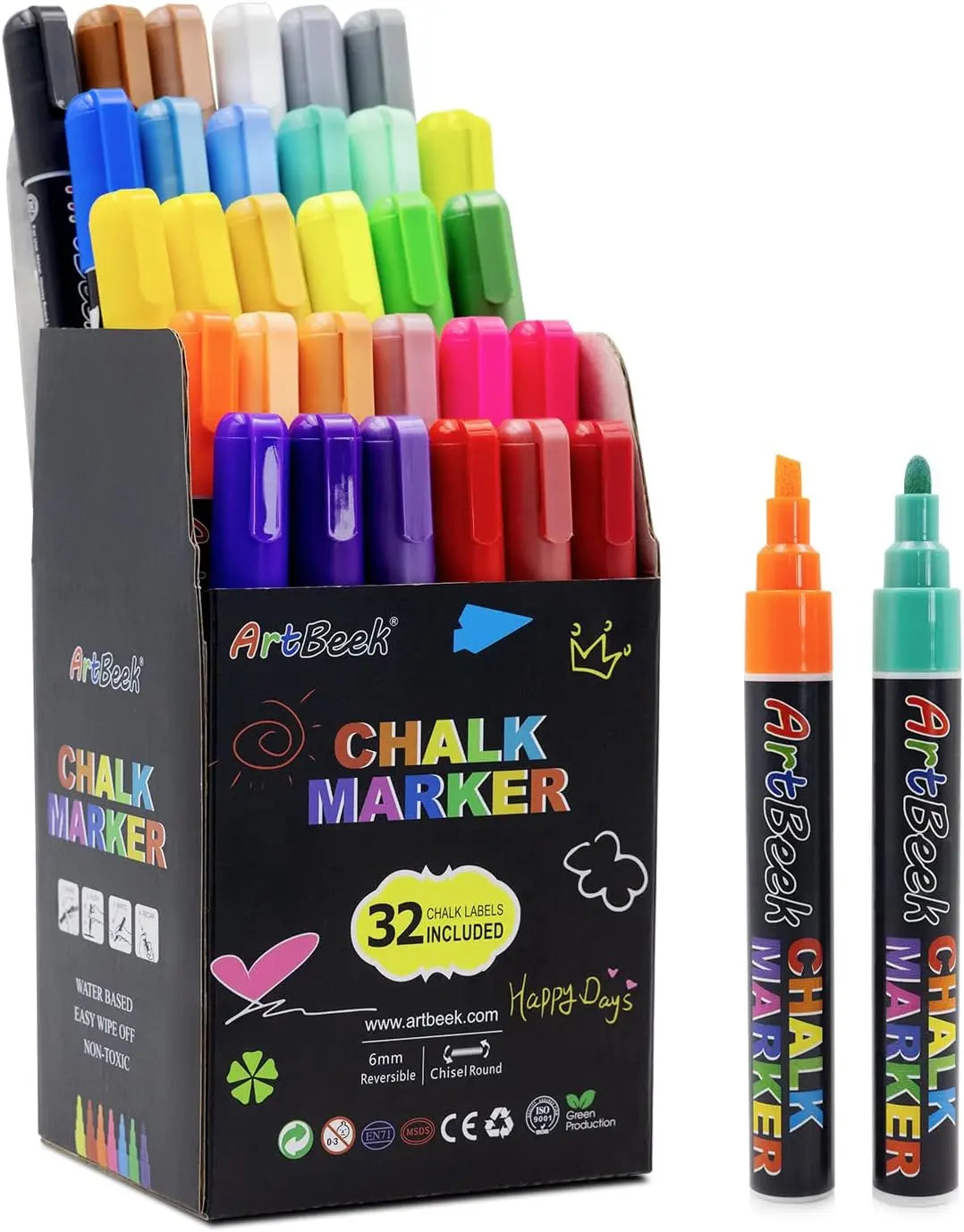 ArtBeek 30-Color Erasable Chalk Markers – Non-Toxic Reversible Tip Dry Erase Pens for Glass, Chalkboards & Creative Projects
