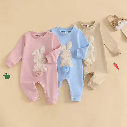 Plush Bunny Embroidery Romper Jumpsuit – Long Sleeve Crew-Neck Spring Infant Outfit for Baby Girls & Boys