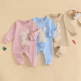Plush Bunny Embroidery Romper Jumpsuit – Long Sleeve Crew-Neck Spring Infant Outfit for Baby Girls & Boys