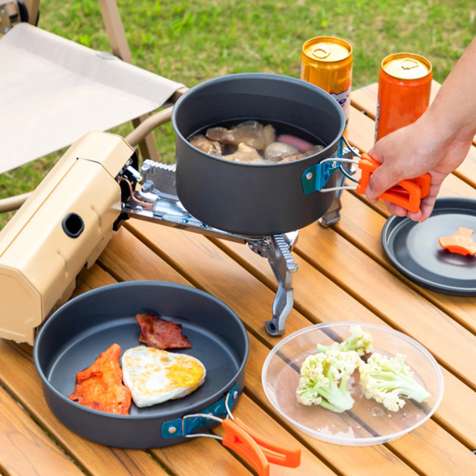 3-Piece Camping Cookware Set – Portable Non-Stick Pot, Pan & 1.1L Kettle Kit for Outdoor Cooking & Survival 🍳🔥