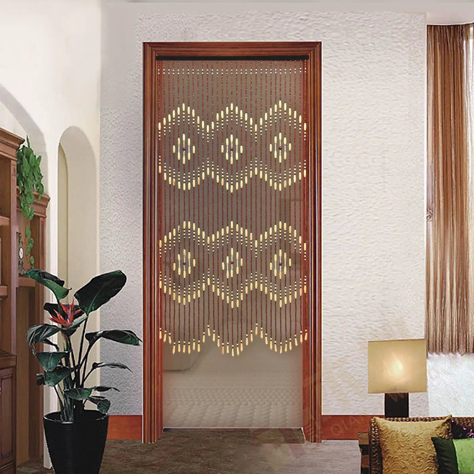 Wooden Bead Doorway Curtain – 35″ × 43″/68″ × 9″ Natural Boho Beads for Front Door Decor