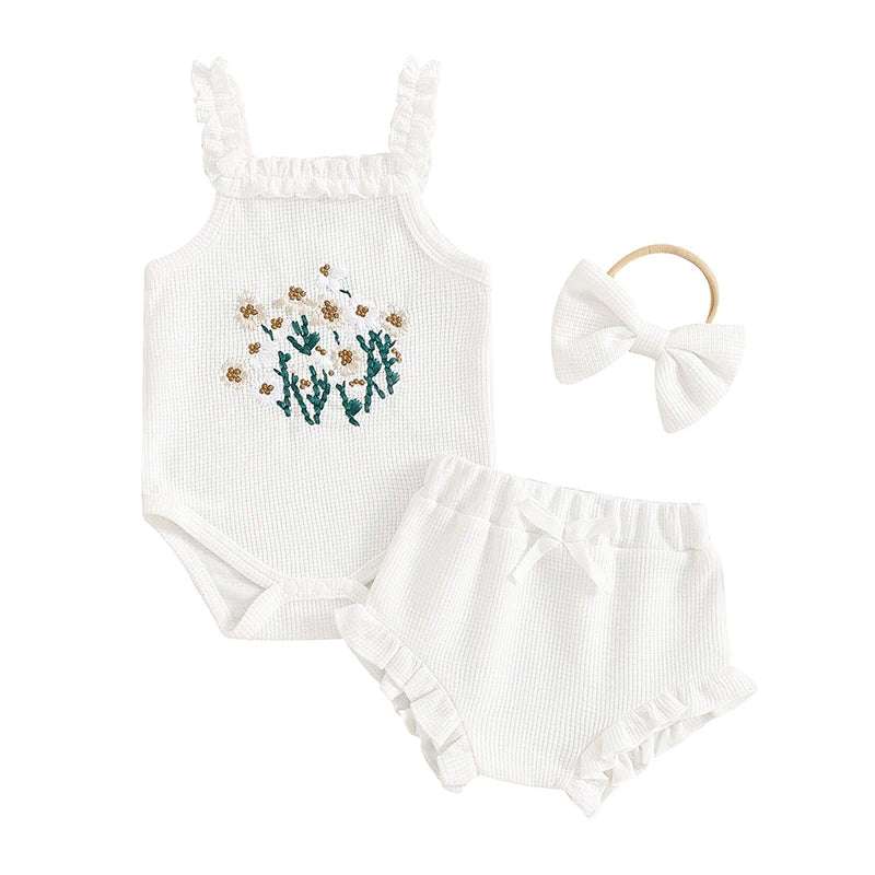 Waffle-Flower Embroidered Sleeveless Romper Set for Baby Girls – Shorts & Headband Included