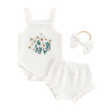 Waffle-Flower Embroidered Sleeveless Romper Set for Baby Girls – Shorts & Headband Included