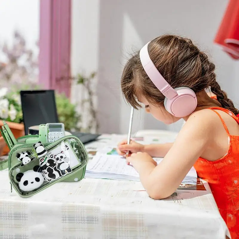 Cute Panda Pencil Case – Large-Capacity Pen Bag with Stickers, Doll & Pins for School 🐼✏️