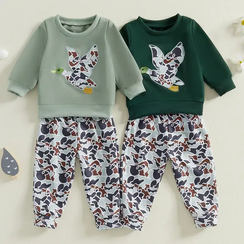Spring Duck Embroidery Pullover & Camouflage Pants 2-Piece Outfit Set for Baby Boys