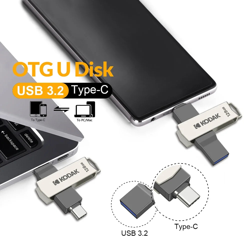 Kodak K273 USB Flash Drive – High-Speed USB 3.2 Dual Type-C Memory Stick 128GB/64GB for Smartphones, Laptops & PCs