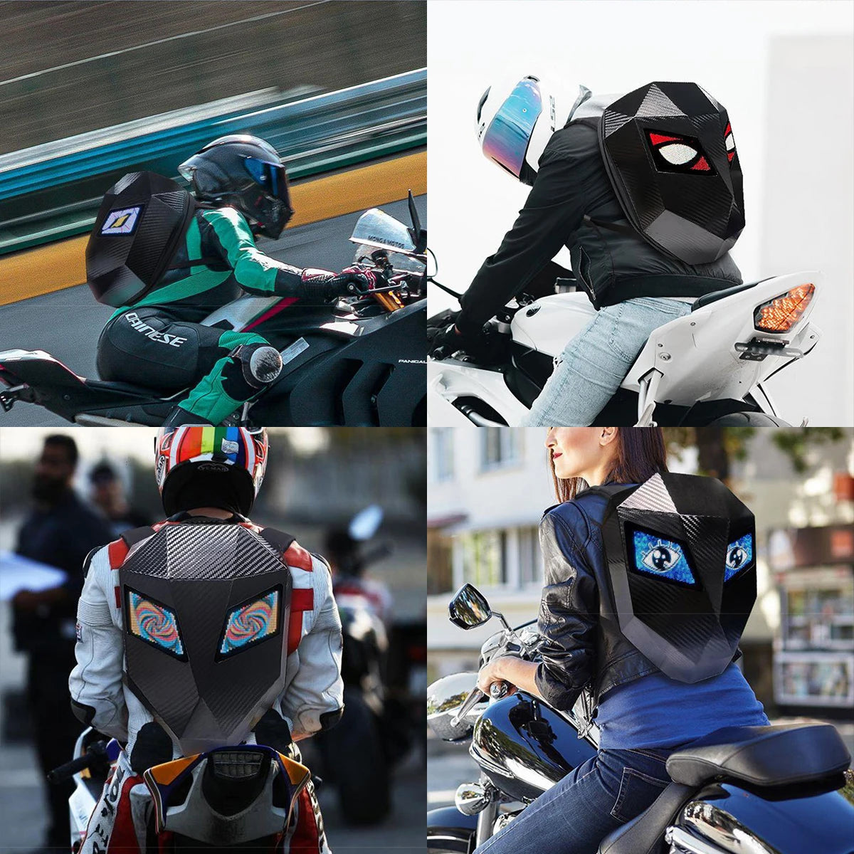 Motorcycle LED Hard Shell Backpack – Carbon Fiber Tech Riding Bag with DIY Display & Helmet Storage, Large Capacity