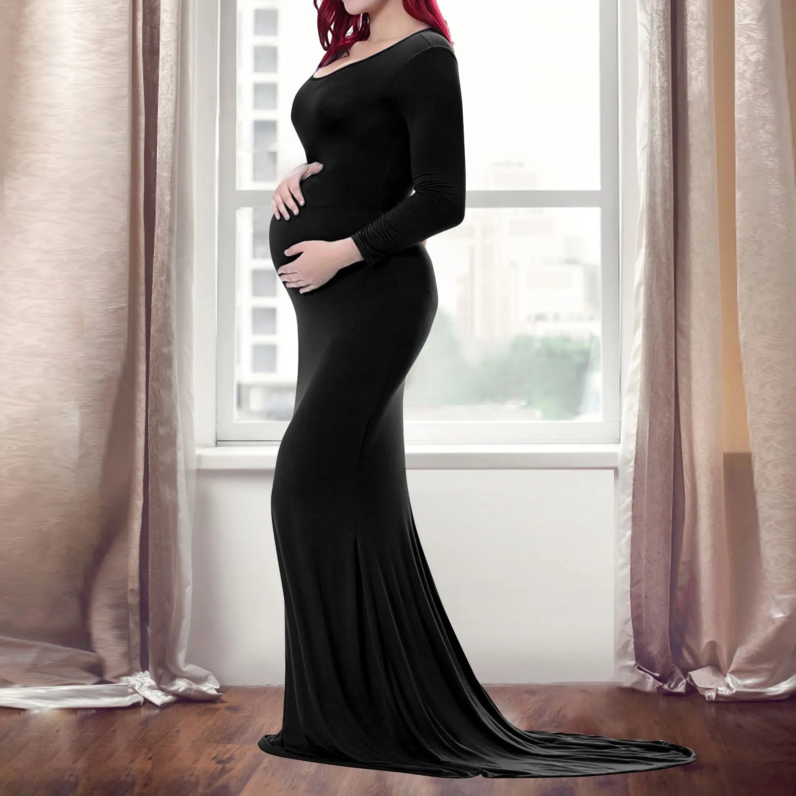 Women’s Cotton Maternity Photography Dress – Long Sleeve Crewneck Pregnancy Gown with Trailing Hem, Elegant Outfit