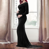 Women’s Cotton Maternity Photography Dress – Long Sleeve Crewneck Pregnancy Gown with Trailing Hem, Elegant Outfit