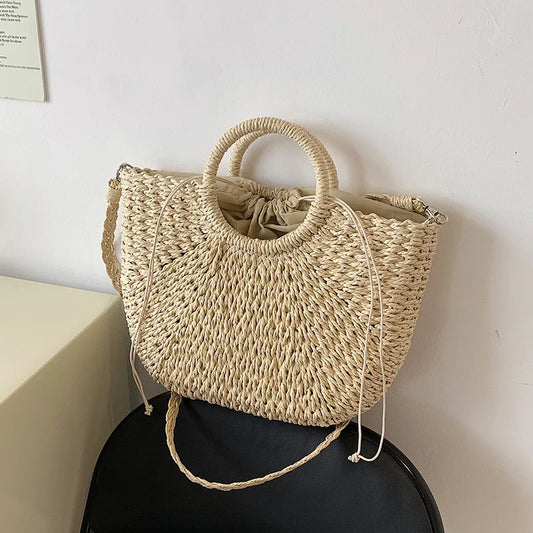 Handmade Straw Woven Bucket Tote for Women – Summer Seaside Beach Handbag with Handle, Travel & Shopping Basket Bag