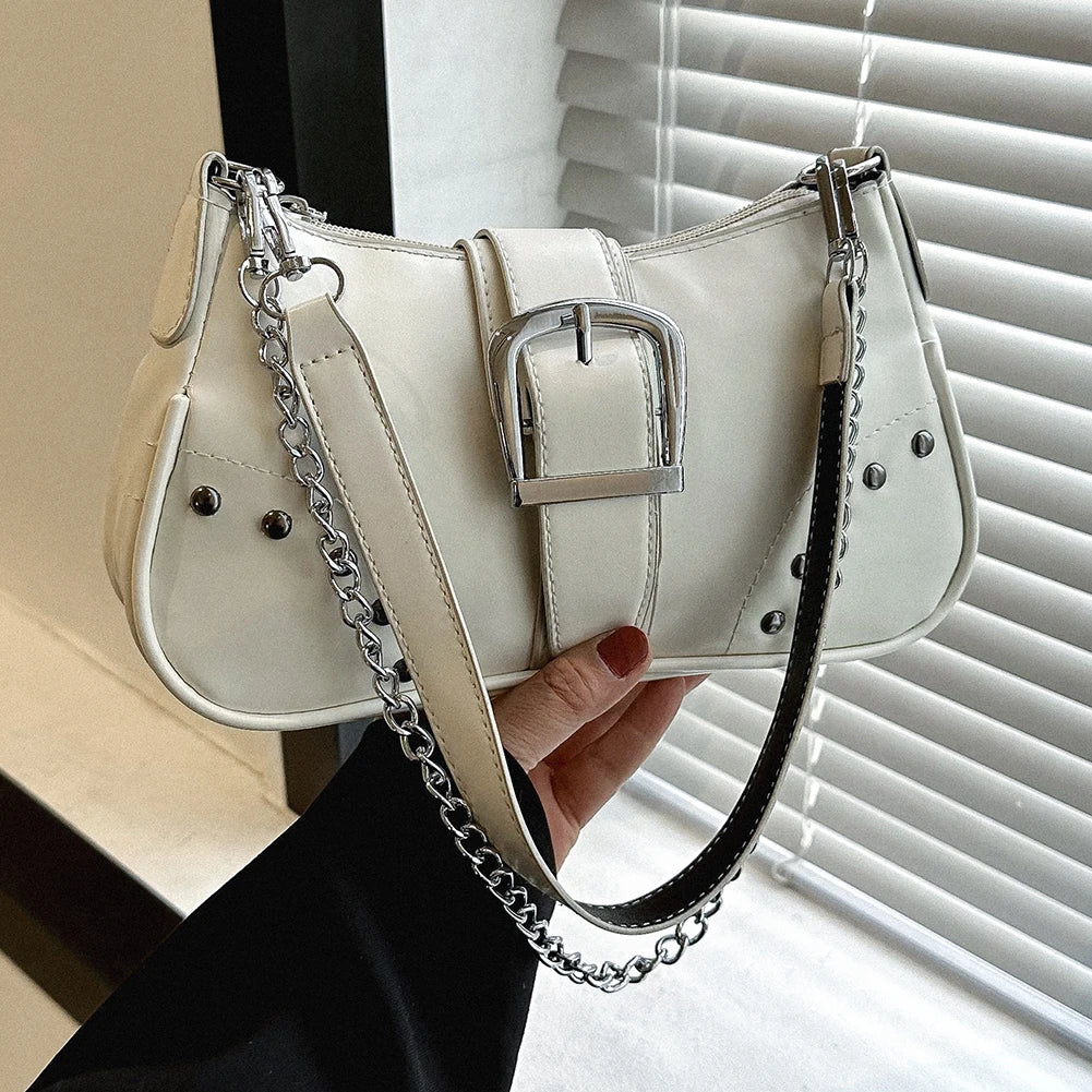 Women’s Crescent Armpit Bag – Solid Color Shoulder Bag with Chain Accent (Chic & Fashion Cool Style)
