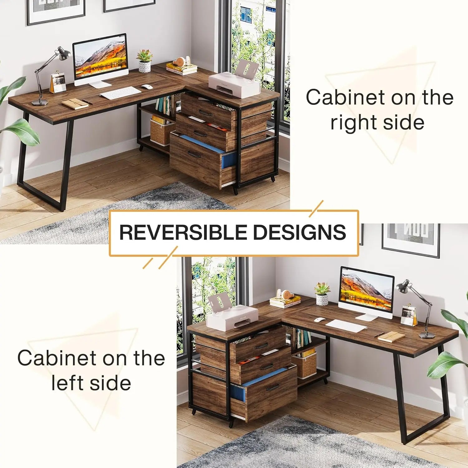 🖥️ 53" L-Shaped Computer Desk – Industrial Home Office Desk with 3 Drawers & Shelves, Rustic Brown Small-Space PC Table