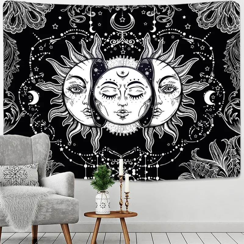 Mandala Tapestry Sun & Moon – Black & White Wall Hanging Hippie Décor for Dorm, Yoga, Living Room