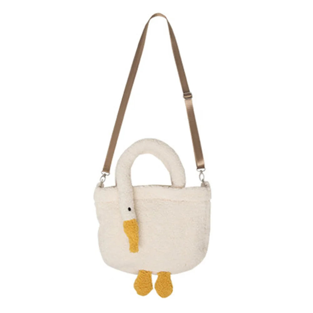 Women’s plush cartoon goose tote bag – soft casual fashion handbag, cute portable purse with adjustable strap for shopping & parties