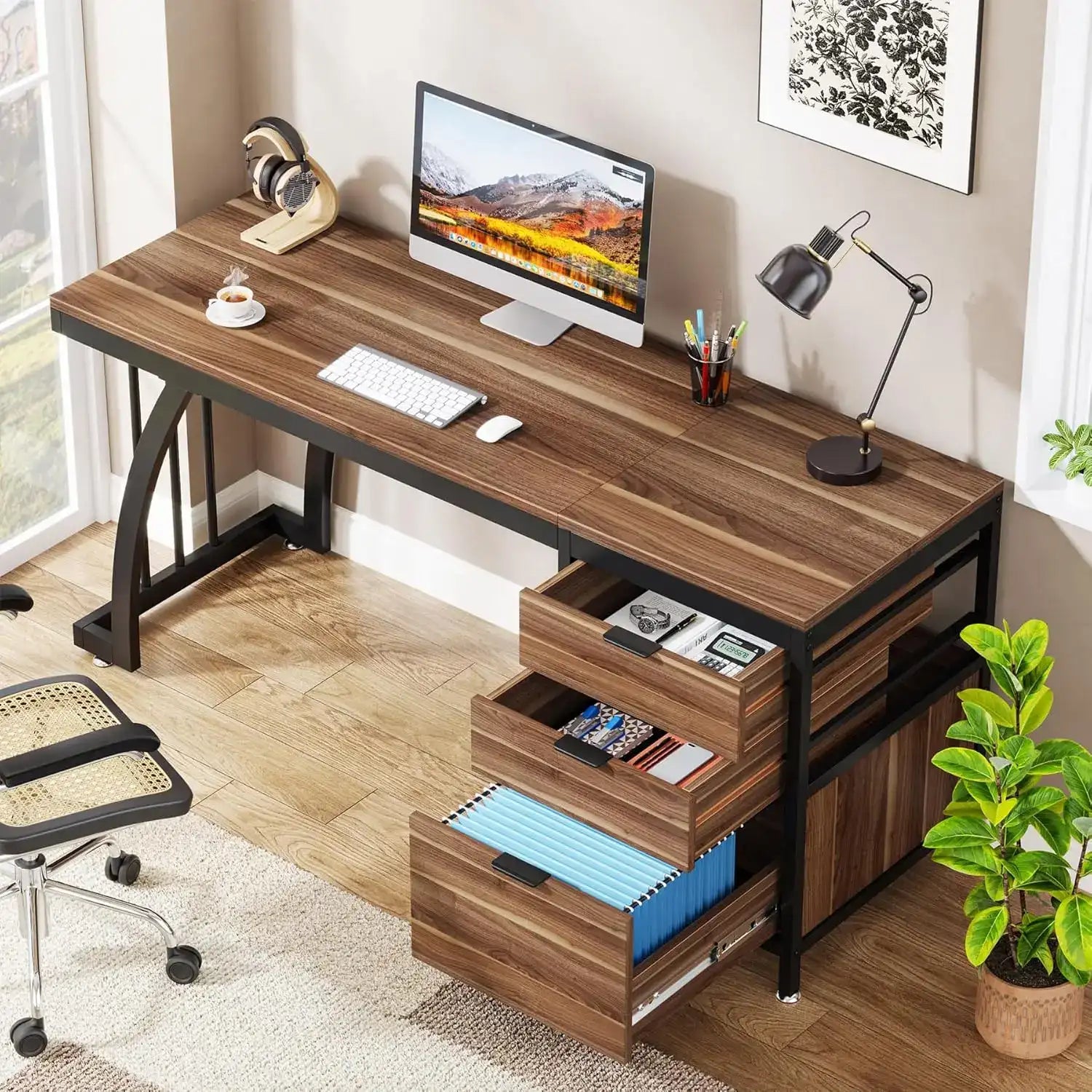 59″ Computer Desk with 3 Drawers – Large Writing Table Workstation with File Storage for Home Office