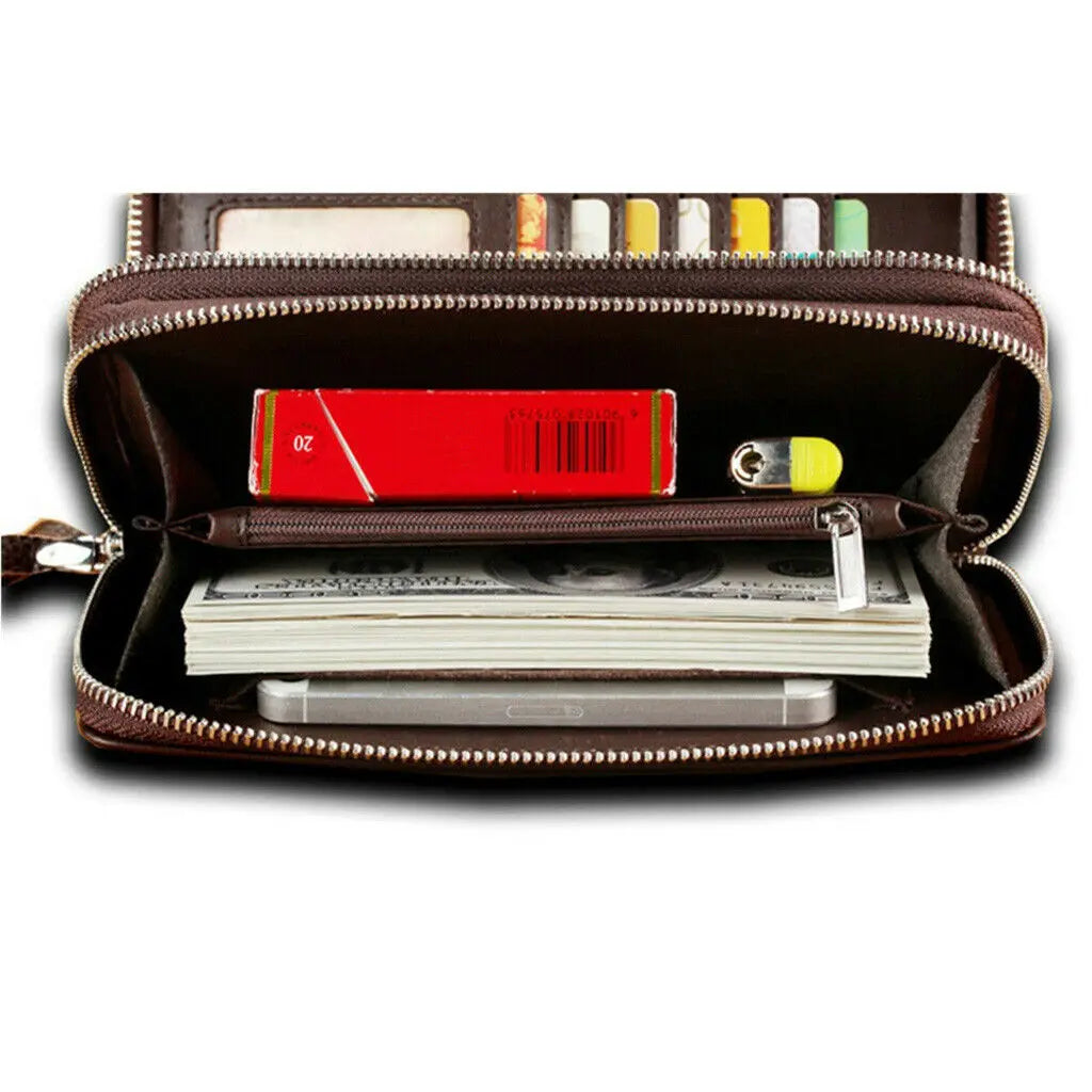 Men’s Long Leather Clutch Wallet – Large Business Handbag with Phone Pocket, Card Holder & Premium Gift Design