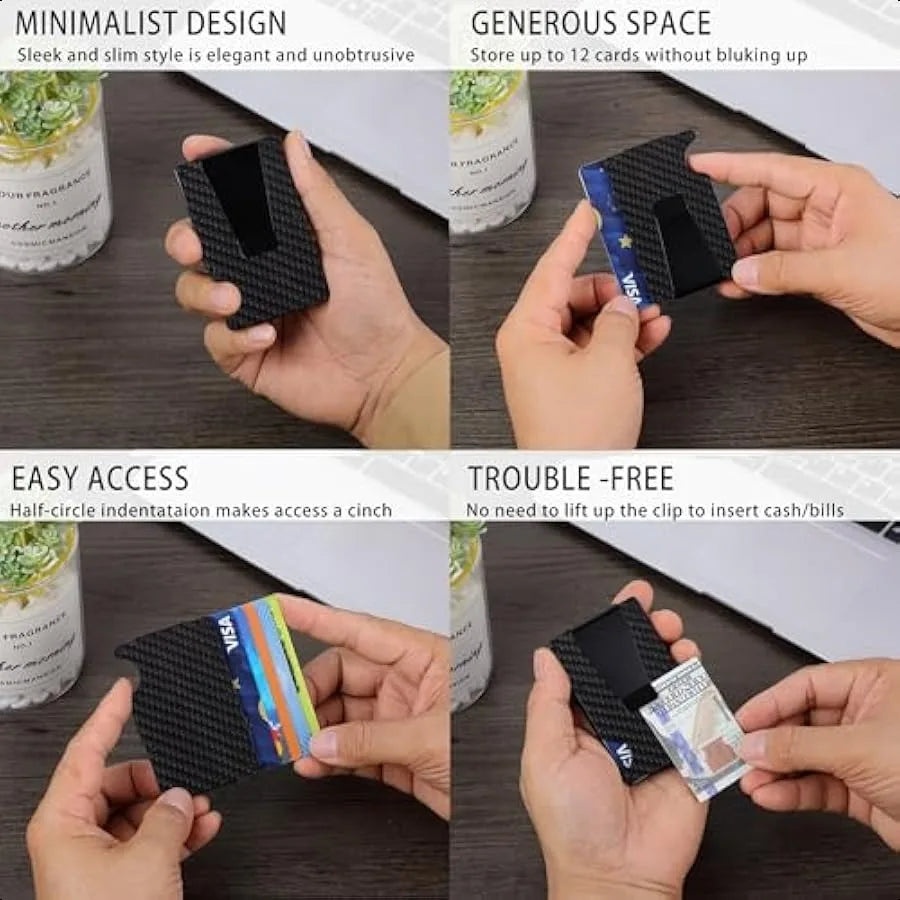 Men’s Minimalist Carbon Fiber Wallet – RFID Blocking Aluminum Card Holder with Money Clip & Cash Strap