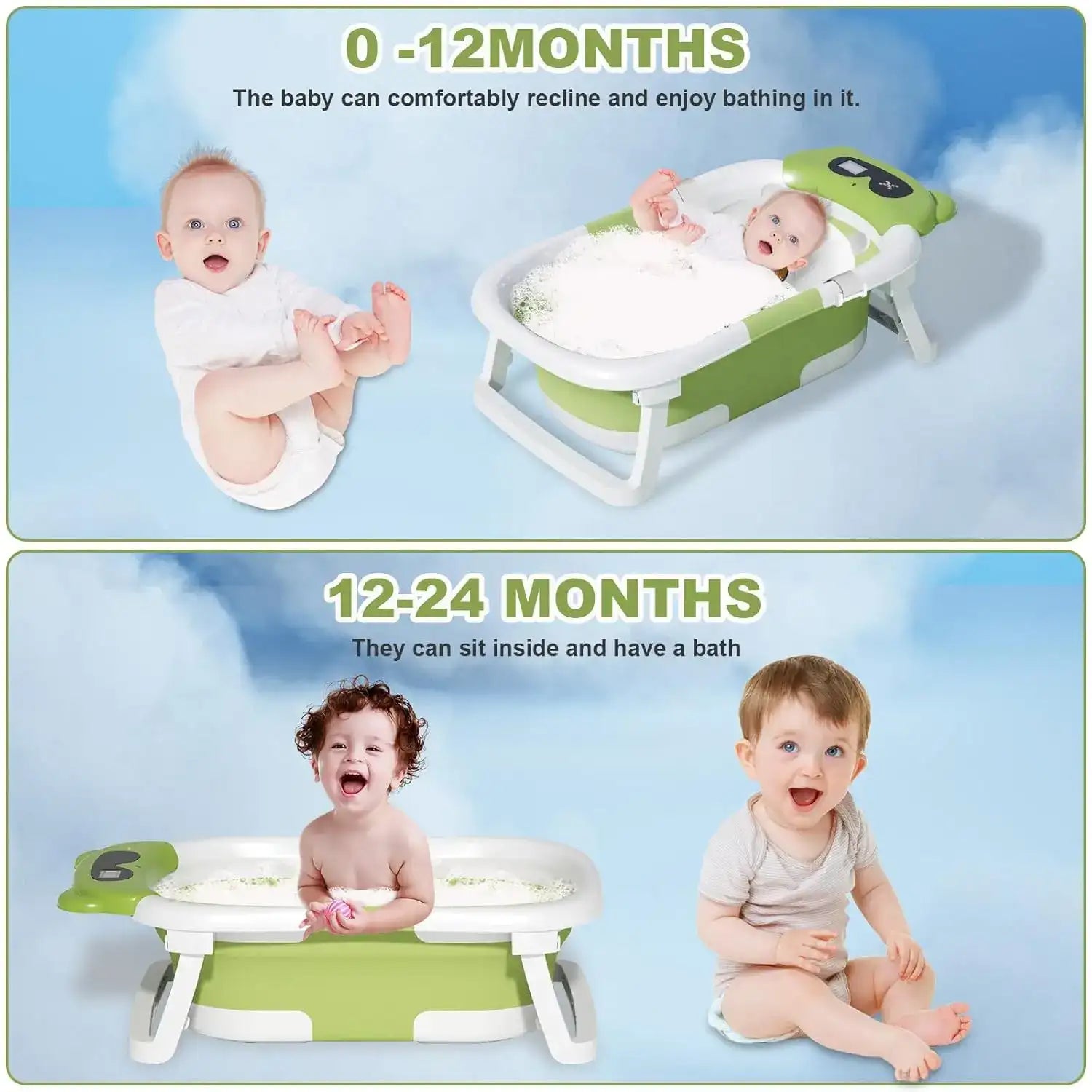 Foldable Baby Bathtub with Thermometer & Floating Cushion – Newborn to Toddler (0-36 Months)
