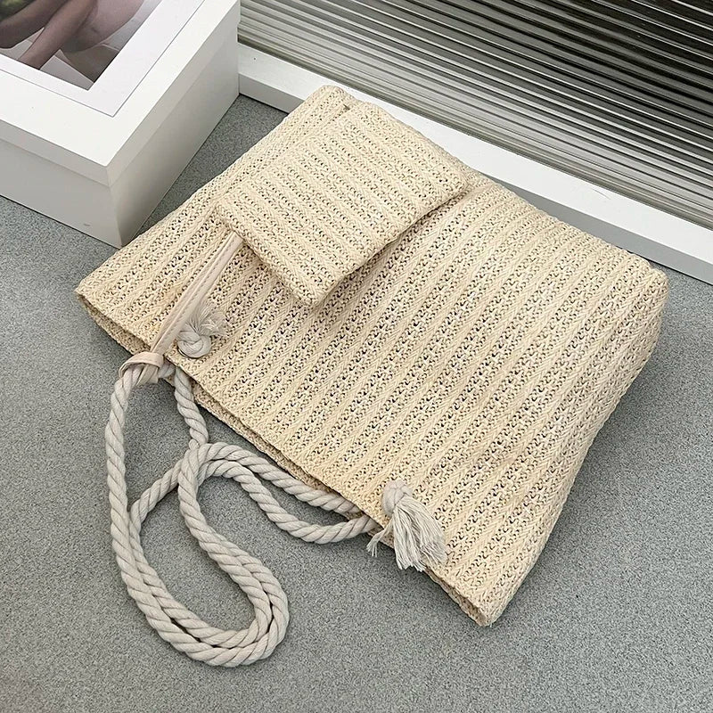 Designer women’s straw tote bag – large-capacity summer beach handbag, casual woven Bali-style purse for vacation, shopping & daily use