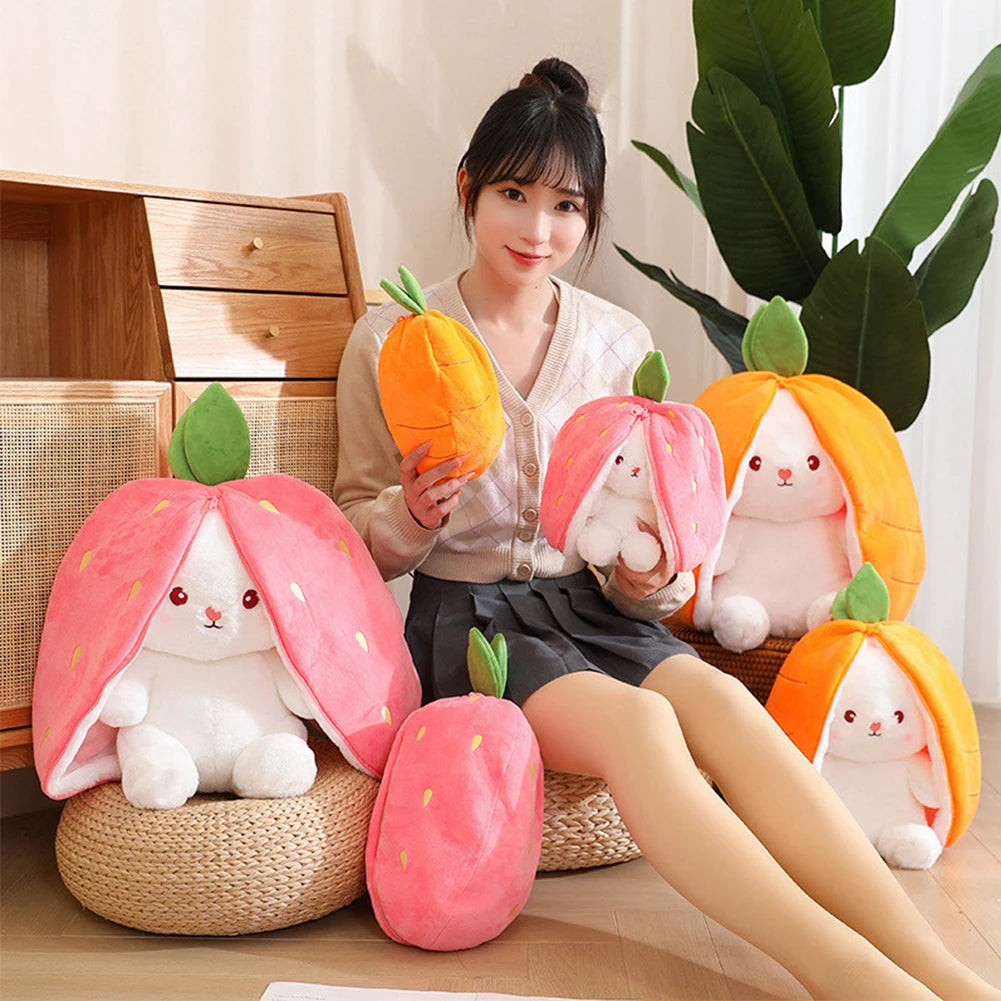 Reversible Bunny Plush Toy – 18/25/35cm Soft Stuffed Rabbit Hiding in Strawberry or Carrot Bag, Cute Pillow & Gift for Kids