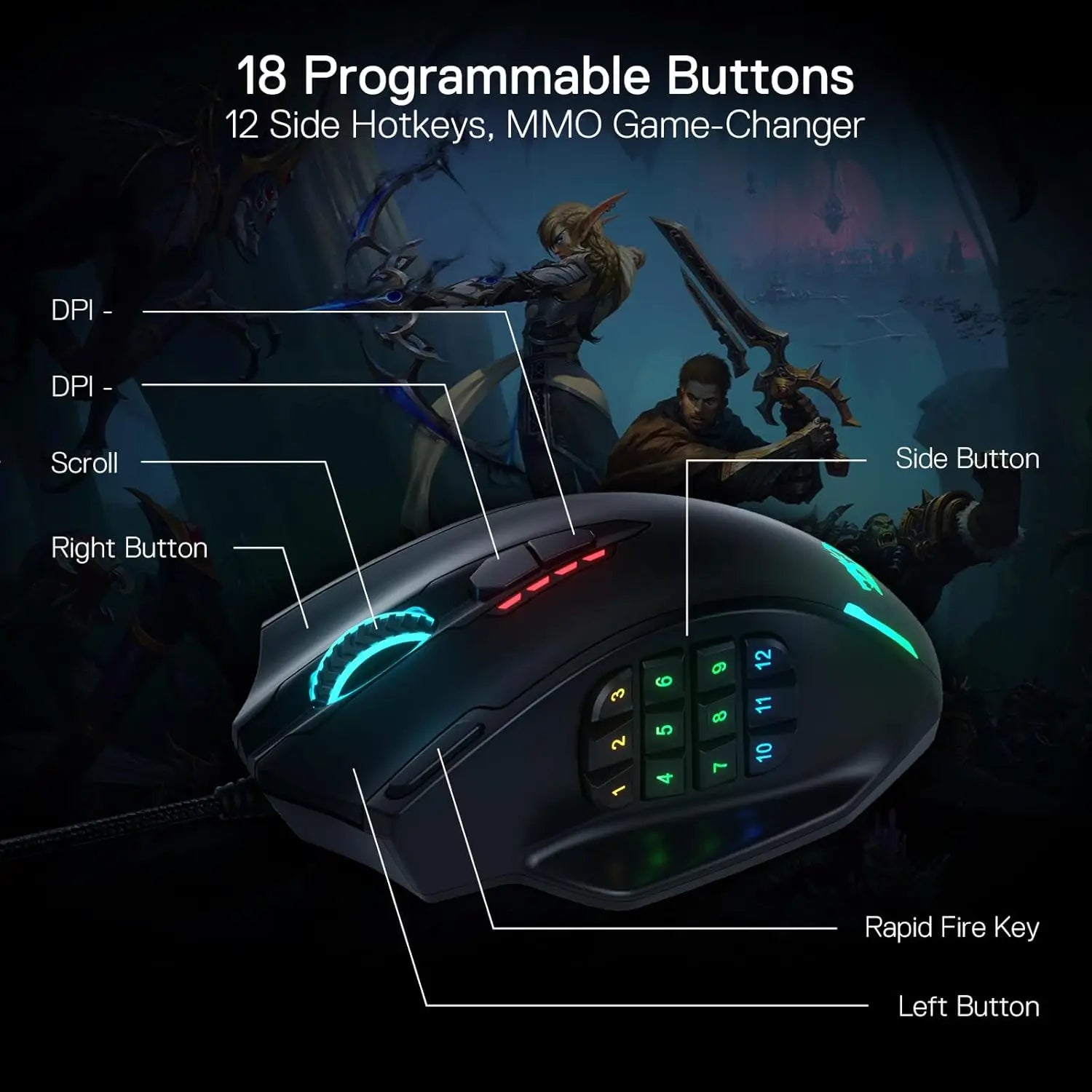 Redragon M908 Wired RGB Gaming Mouse – 12,400 DPI Optical Mouse with 18 Programmable Buttons & LED Backlight