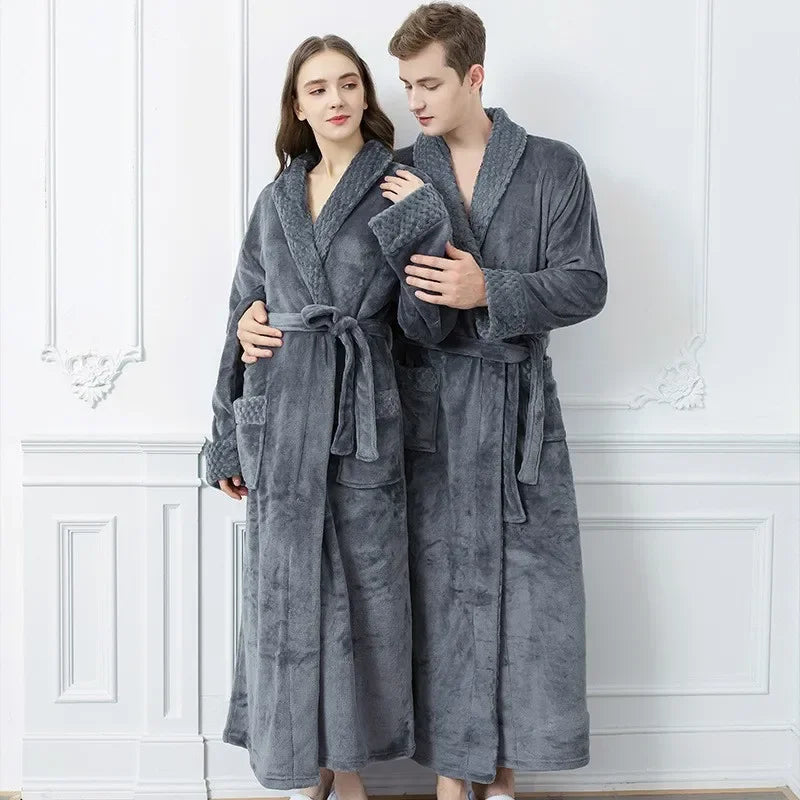 Thick Coral Velvet Bathrobe – Warm Winter Long Robe for Men & Women | Soft Couple Pajama Robe & Shower Wrap