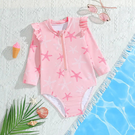 Long-Sleeve Printed Beach Rash Guard Suit for Toddler Girls