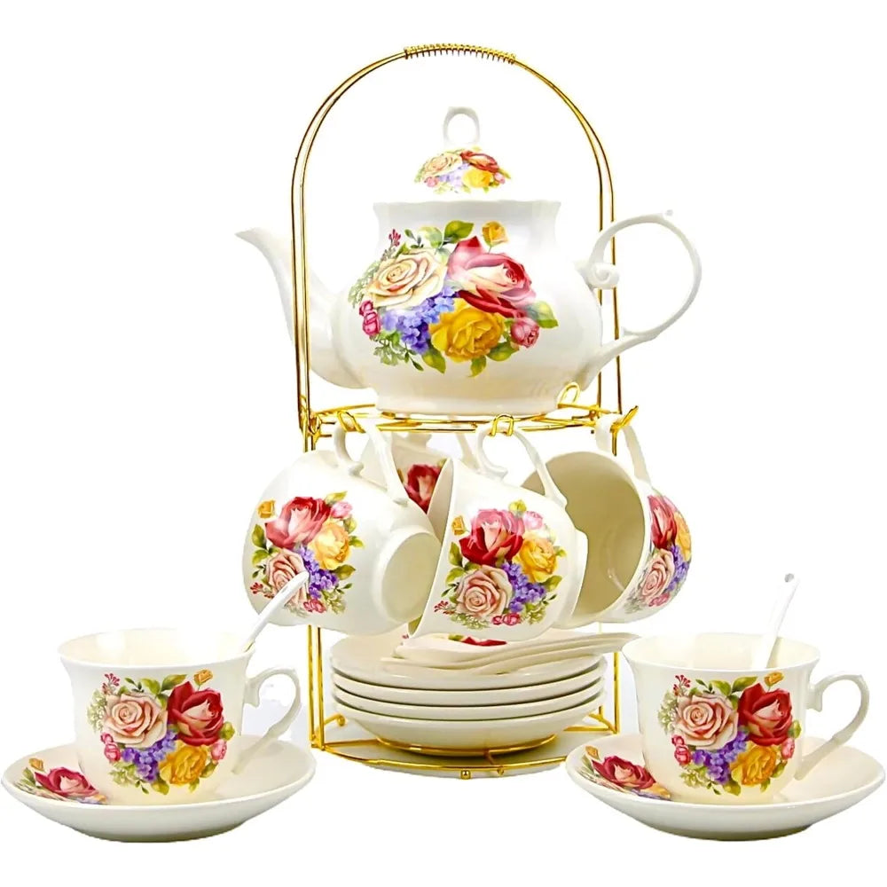 20-Piece Luxury Bone China Tea & Coffee Set with Gold Metal Rack – Elegant Gift & Home Party Ensemble