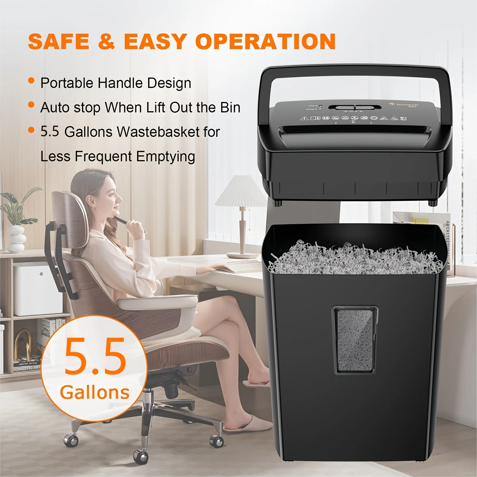 Bonsaii 12-Sheet Cross-Cut Paper Shredder – Portable Handle Home & Office Shredder with 5.5-Gallon Wastebasket