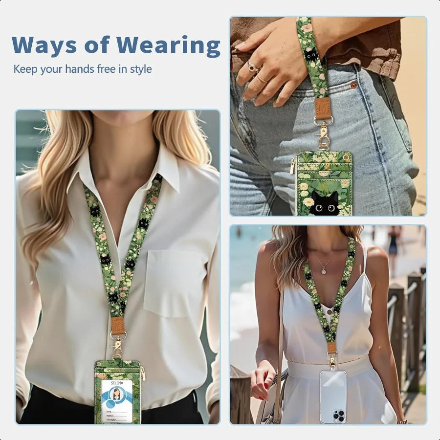Floral Cat Lanyard Wallet – RFID Small Keychain Wristlet with ID Badge Holder & Zippered Card Storage