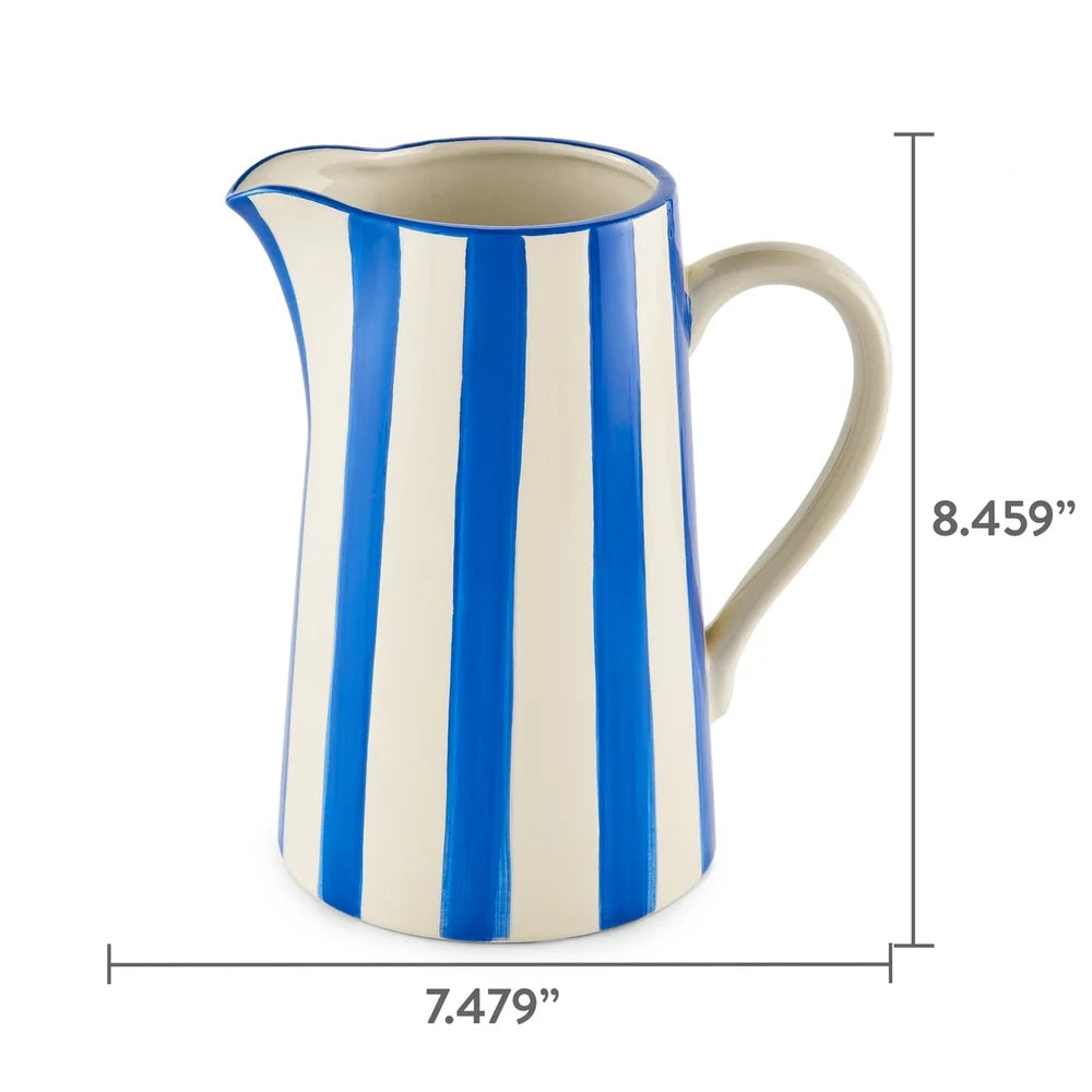 Handcrafted Ceramic Blue Stripe Pitcher Vase – Elegant Decorative Jug for Fresh & Artificial Flower Arrangements | Mediterranean Home Décor