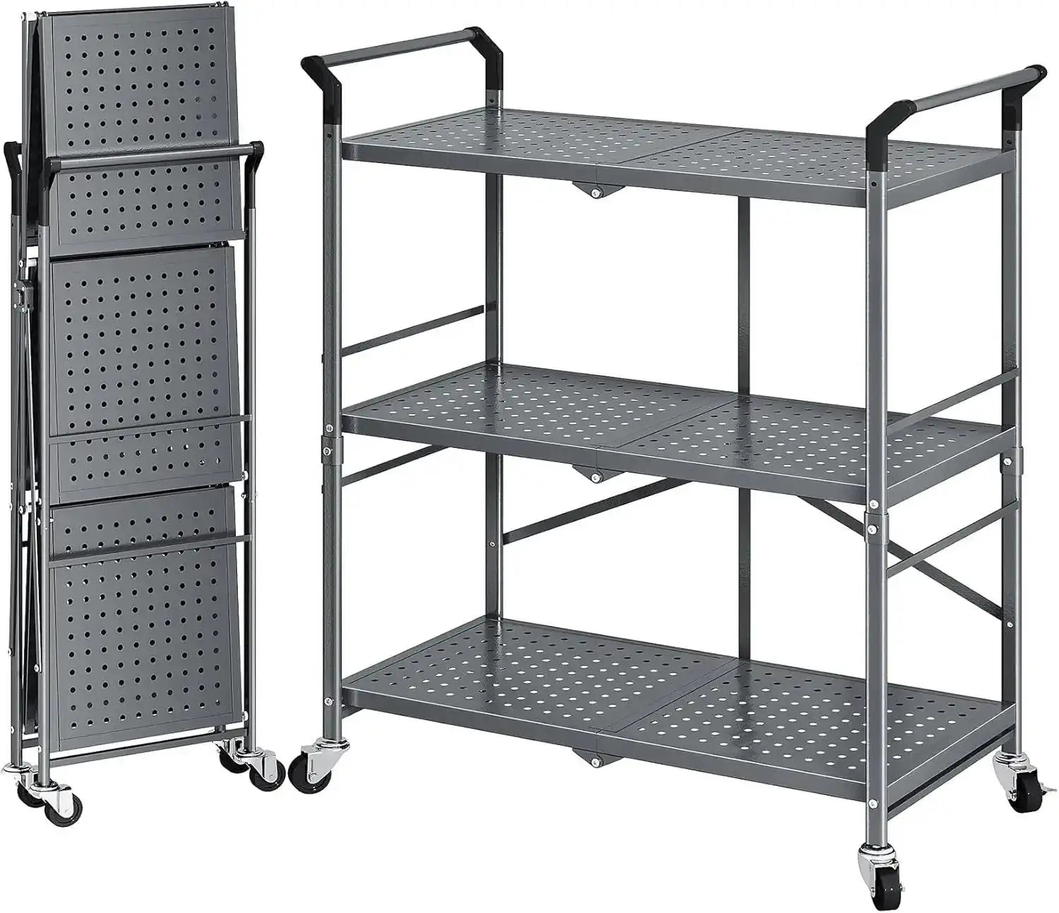 Rolling Utility Cart Folding Cart with Wheels - 3 Tier Collapsible Metal Cart - PulinGO