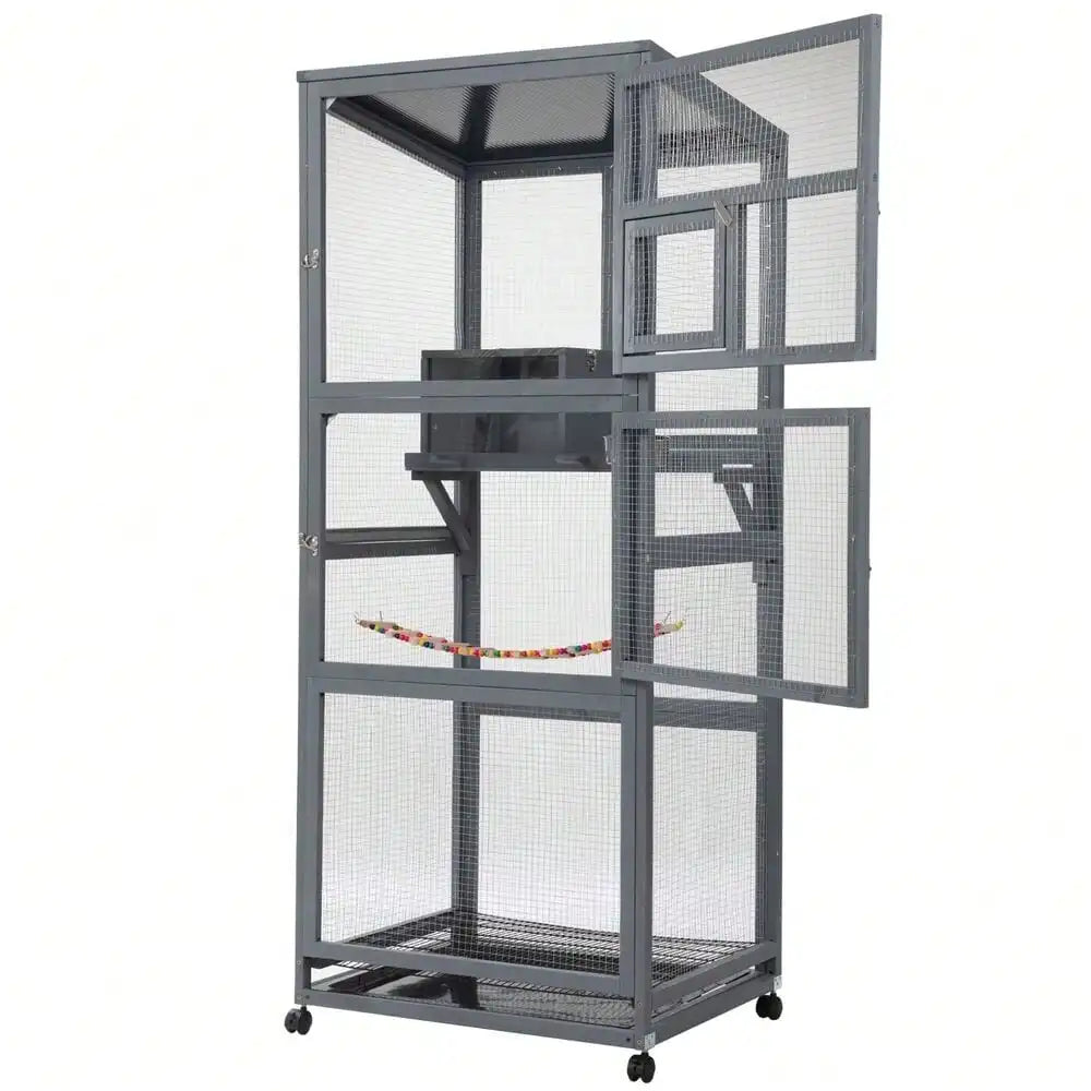 68" Large Wooden Bird Cage Aviary – Outdoor Bird House on Wheels with Pull-Out Tray for Easy Cleaning