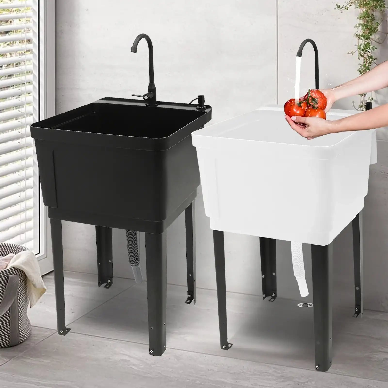 Freestanding Utility Laundry Sink – Stainless Steel Faucet, Space-Saver Tub for Washing Room & Workshop