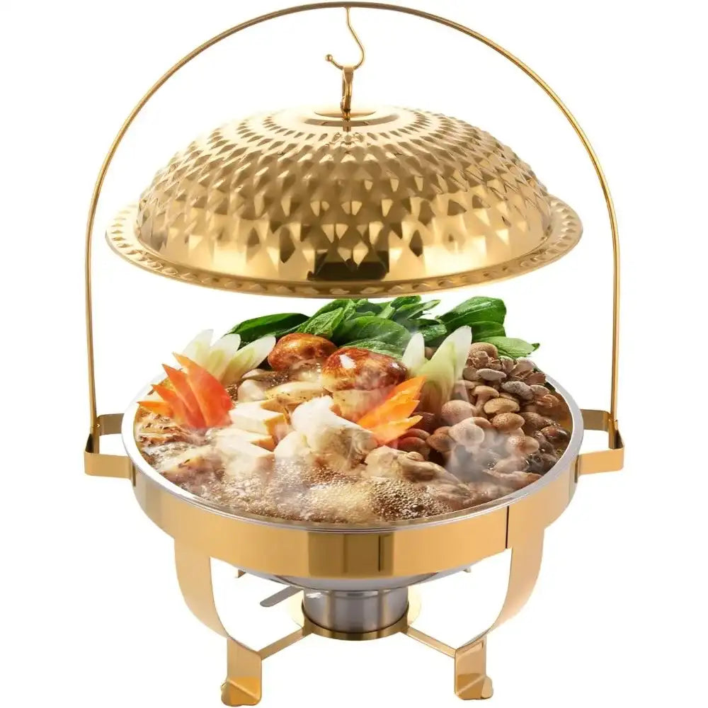 Golden Stainless Steel 8 L / 8.5 QT Round Chafing Dish Buffet Set with Alcohol Burner & Hanging Lid