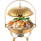 Golden Stainless Steel 8 L / 8.5 QT Round Chafing Dish Buffet Set with Alcohol Burner & Hanging Lid