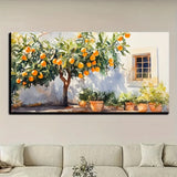 Vintage Orange Tree & Door Wall Art – Rustic Cottage Still Life Painting on Solid Pine Wood Frame