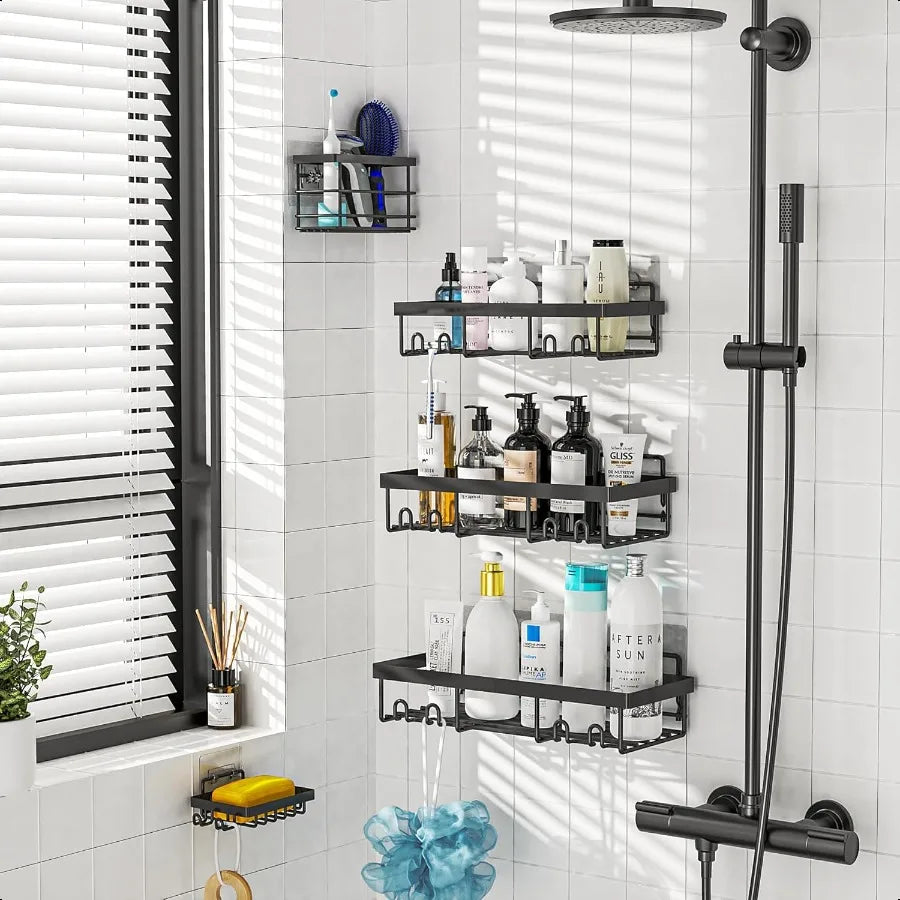 Adhesive No-Drill 5-Pack Corner Shower Caddy Set – Rustproof Stainless Wall-Mounted Organizer Shelves