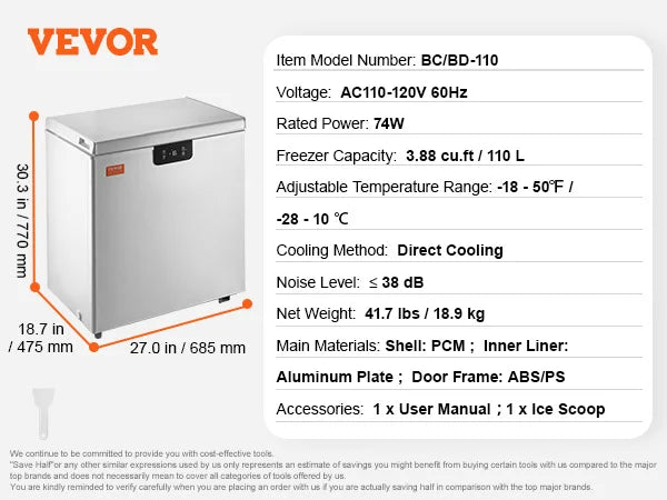 Vevor Chest Freezer – 3,88 cu ft (110 L) Kompakt Derin Dondurucu, 2 Sepetli Taşınabilir Dondurucu ❄️🧊