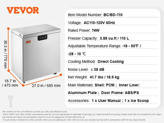 Vevor Chest Freezer – 3,88 cu ft (110 L) Kompakt Derin Dondurucu, 2 Sepetli Taşınabilir Dondurucu ❄️🧊