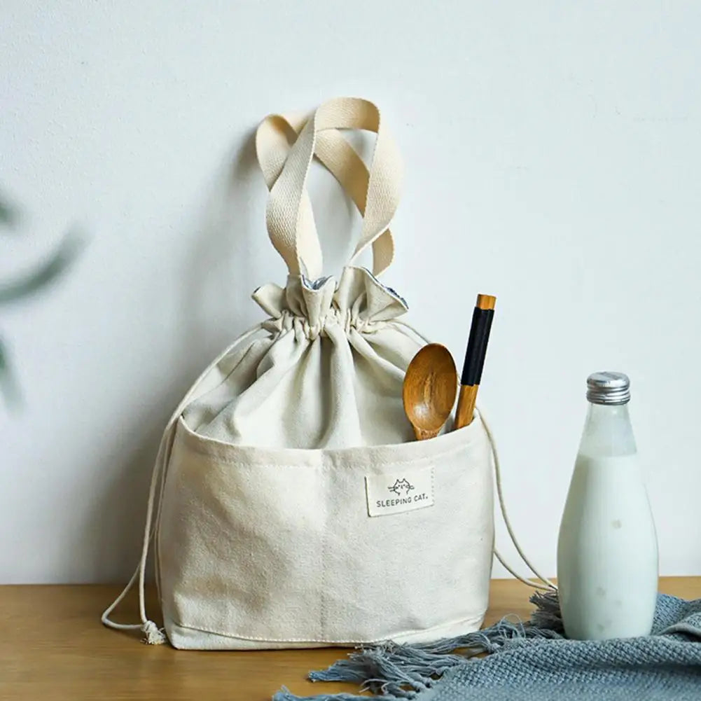 Japanese-Style Bento Lunch Bag – Large Capacity Drawstring Pouch with Insulated Aluminum Foil Liner
