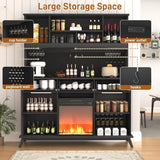 4" Wine Bar Cabinet with Fireplace – LED Lights, Power Outlets & Sliding Doors, Kitchen Pantry Storage